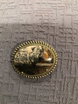 Vintage Navajo Indian Silver Scenic Petrified Wood Pin Brooch