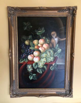 Still Life Oil On Canvas Painting Fruit With Monkey Large Framed Vintage