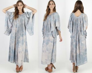 Vtg 70s Grecian Gauze Dress Blue Tie Dye Gold Kimono Angel Sleeve Coverup Maxi