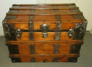 Antique Steamer Trunk Vintage Fancy Flat Top Wooden Chest Tray & Key C189o