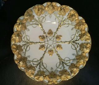 Vintage Antique Meissen 10.  5 " Porcelain Bowl Dish Leaf & Grape Raised Gold Gilt