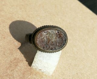 Ancient Viking Old Bronze Ring With White - Red Glass Very Rare