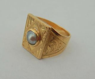 Antique Art Deco 22ct Gold Signet Ring Set With Pearl