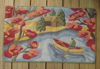 Vintage Hand Hooked Rug Handcrafted Scenic Avant - Garde Colorful 32 X 19