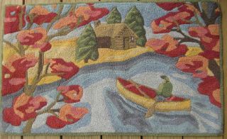 VINTAGE HAND HOOKED RUG Handcrafted Scenic Avant - Garde Colorful 32 x 19 2