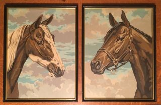 Vintage,  Mid - Century Paint By Numbers,  Pair Horse Paintings,  Completed