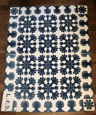 Antique 1800’s Applique Blue & White Oak Leaf Quilt Handmade Stitched Initials