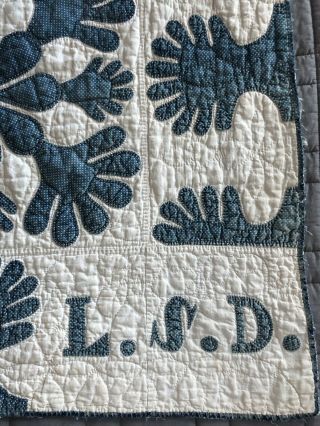Antique 1800’s Applique Blue & White Oak Leaf QUILT Handmade Stitched Initials 6