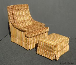 Vintage Mid Century Modern Striped Orange Velvet Chair & Ottoman