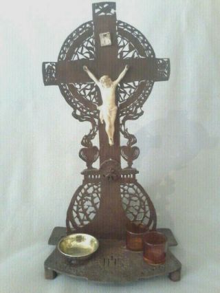 Xl Vintage Carved Wood Priests Home Altar Table Crucifix Set