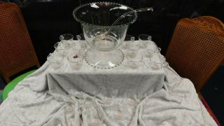 Vintage Imperial Glass Candlewick Glass Punch Bowl,  Pedestal,  Ladle,  18 Cups