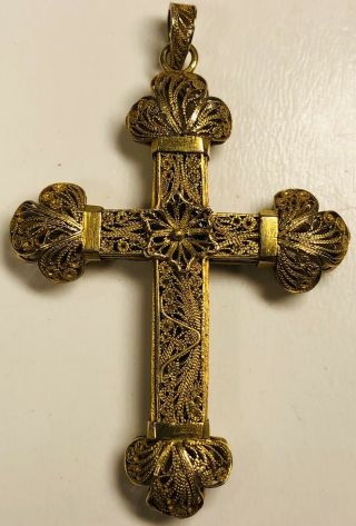 Antique Circa 1900 Italian 14k Yellow Gold Filigree Cross Pendant