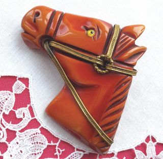 Bakelite Carved Horse Head Pin Glass Eye Book Piece Deeply Carved Vintage Evc