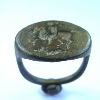 Medieval Ancient Artifact Bronze Ring With Hunting Scene