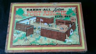 Vintage Marx Carry All Action Fort Apache Playset Cowboy Indian Figures