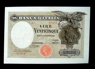 1919 Italy Rare Banknote 25 Lire Vf,  Bb/spl Banca Aquila