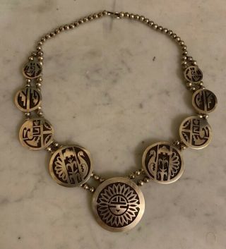 Vintage Native American Hopi Sterling Silver Overlay Medallion Necklace Signed