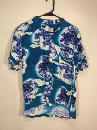 Vintage 50s/60s J.  C.  Penneys Rayon Hawaiian Shirt Sz Medium Made In Japan Cranes
