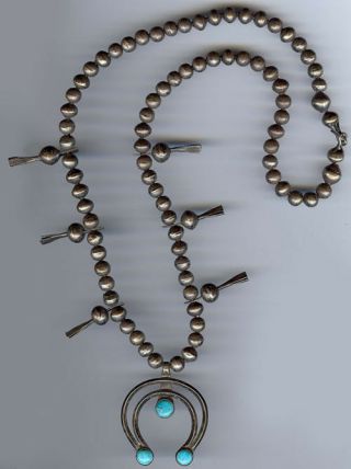 Vintage Navajo Indian Silver Turquoise Squash Blossom Naja Necklace