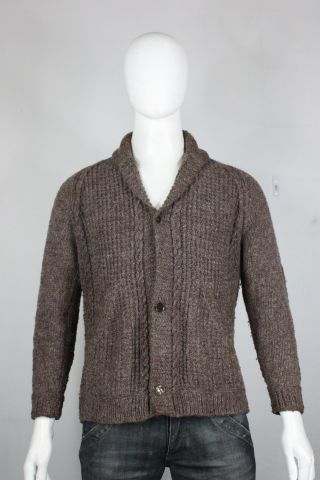 Vintage Wool Mohair Shawl Collar Sweater Cardigan M Brown Cable - Knit
