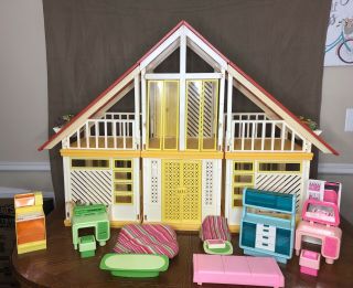 Vintage Barbie Dream House A Frame Mattel 1970s With Doll Furniture