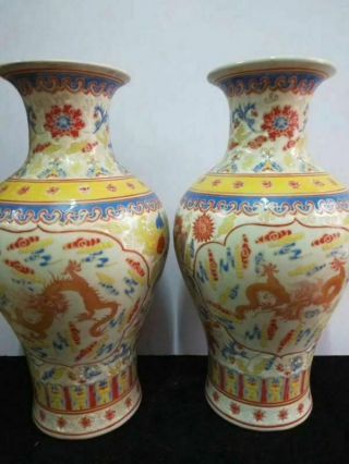 2 X Large Antique Chinese Famille Rose Porcelain Vases Dragons Painting " 乾隆年制”