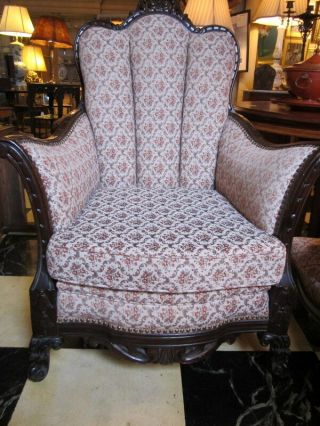 Antique,  Italian Style,  Large Heavily Carved Upholstered Chair,  47 " H