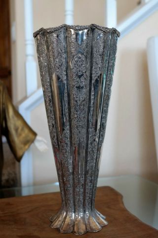 Persian Art Exhibition X - Large Signed Museum Piece Isphahan Solid Silver Vase