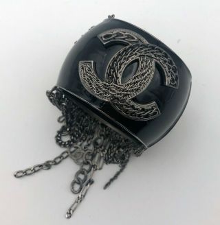 Rare Chanel Cc Logo Gripoix Black Gunmetal Chains Enamel Cuff Bangle Bracelet
