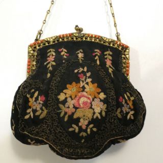 Vintage Antique Embroidered Purse Beaded Frame Charming French Bag Handbag