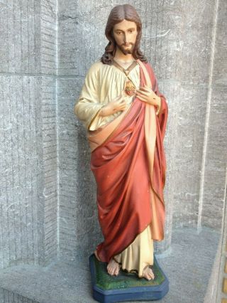 Antique Vintage Handpainted Plaster Jesus Christ Sacred Hearth Statue Figure