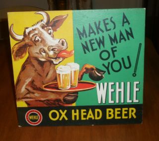1930 ' s WEHLE OX HEAD BEER cardboard sign West Haven Connecticut rare easel back 2