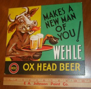 1930 ' s WEHLE OX HEAD BEER cardboard sign West Haven Connecticut rare easel back 3