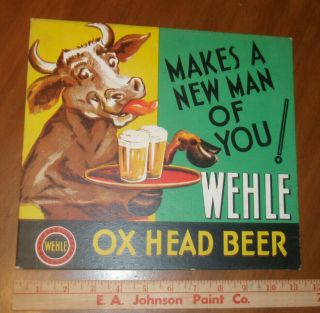 1930 ' s WEHLE OX HEAD BEER cardboard sign West Haven Connecticut rare easel back 4