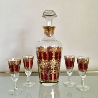 Vtg Mid Century Culver Red Cranberry 22k Gold Decanter 4 Shot Liquor Glasses