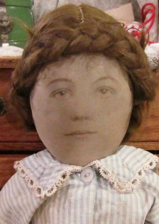 Antique 16 " Rare American Hand Painted Rag Cloth Doll W/great Antique Outfit