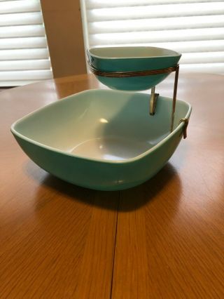 Rare Vintage Pyrex Turquoise Blue Snack And Dip Set Ca 1950s Retro