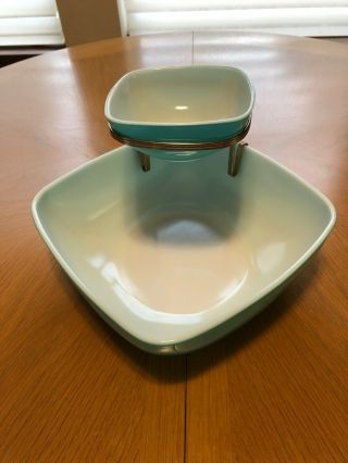 RARE VINTAGE PYREX TURQUOISE BLUE SNACK AND DIP SET ca 1950s Retro 5
