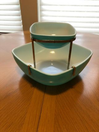 RARE VINTAGE PYREX TURQUOISE BLUE SNACK AND DIP SET ca 1950s Retro 6