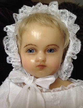 Lovely Expressive Antique English Poured Wax Baby Doll,  Gown,  C1880