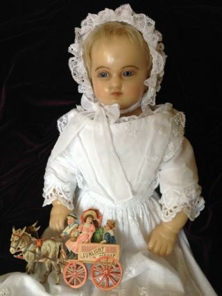 LOVELY expressive antique English poured wax baby doll,  gown,  c1880 2