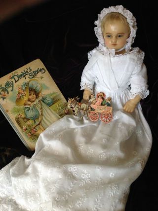 LOVELY expressive antique English poured wax baby doll,  gown,  c1880 3