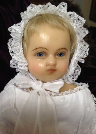 LOVELY expressive antique English poured wax baby doll,  gown,  c1880 4