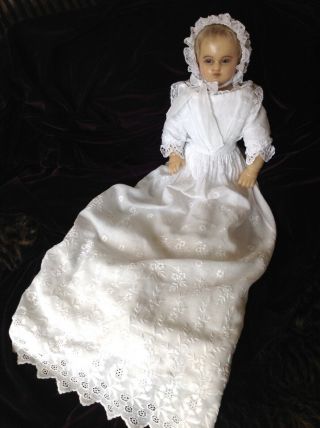 LOVELY expressive antique English poured wax baby doll,  gown,  c1880 5