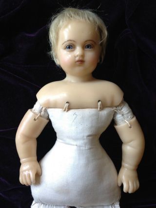 LOVELY expressive antique English poured wax baby doll,  gown,  c1880 8