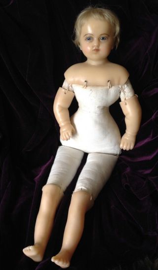 LOVELY expressive antique English poured wax baby doll,  gown,  c1880 9