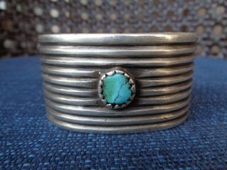 Old Navajo Bracelet Wide With Turquoise And Filed Ridges Vintage Pawn