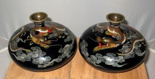 Rare Squat Form Meiji Japanese Cloisonne Enamel Pair Vases W/ Dragons And Clouds