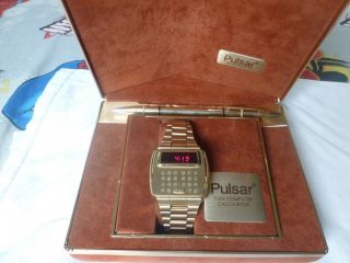 Vintage Men ' s Pulsar Calculator Flick Wrist LED Digital Goldfilled Watch 3