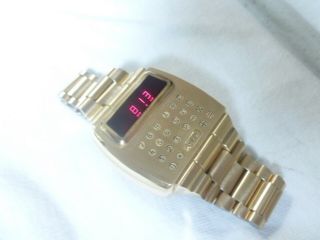 Vintage Men ' s Pulsar Calculator Flick Wrist LED Digital Goldfilled Watch 4